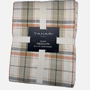 Tahari Fall Plaid Tablecloth 60x120 Orange Sage Green Cream Gray Cotton Decor